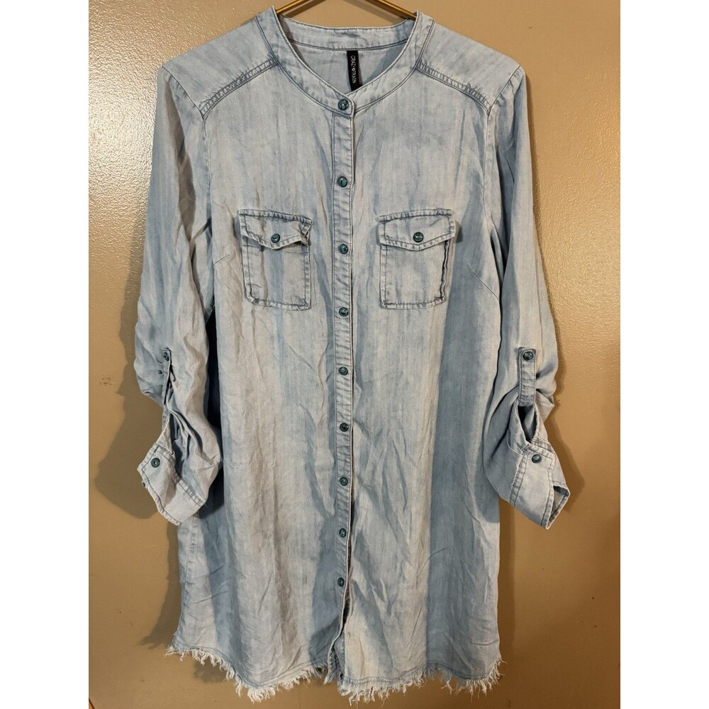 Crazy Train Lorrie Darlin Light Denim Turquoise Snap Button Raw Hem Dress Medium